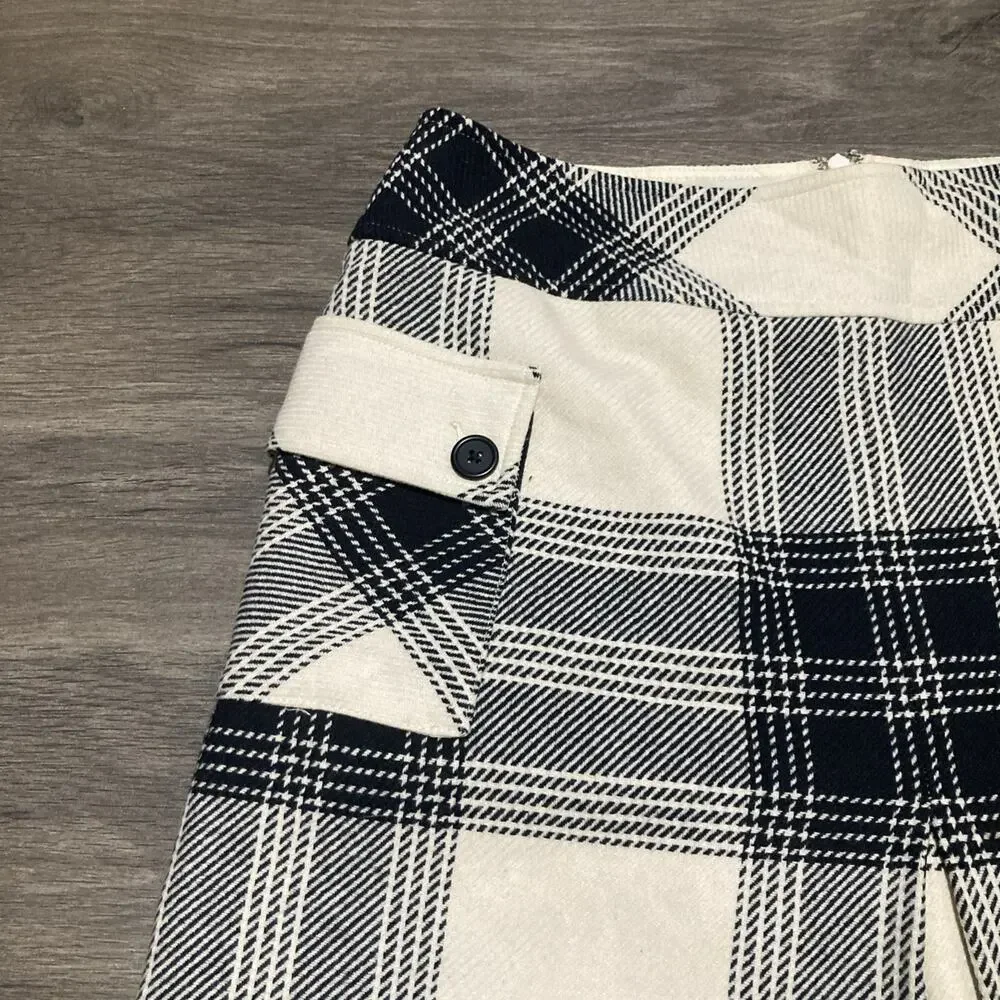 Vtg 90’s Talbots Wool Blend Skirt Ivory Black Plaid Pockets Lined Schoolgirl 10